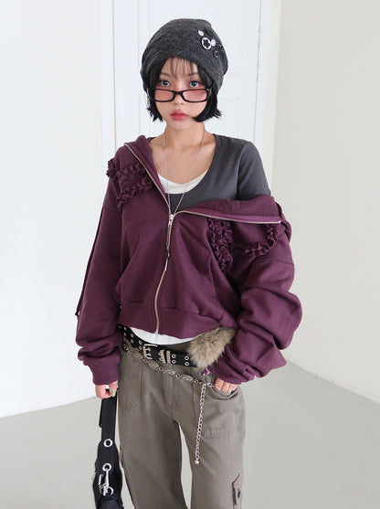 DELIGHT J - Ribbon Frill Hooded Zip-Up Jacket (FW Oversized Boxy Fit)