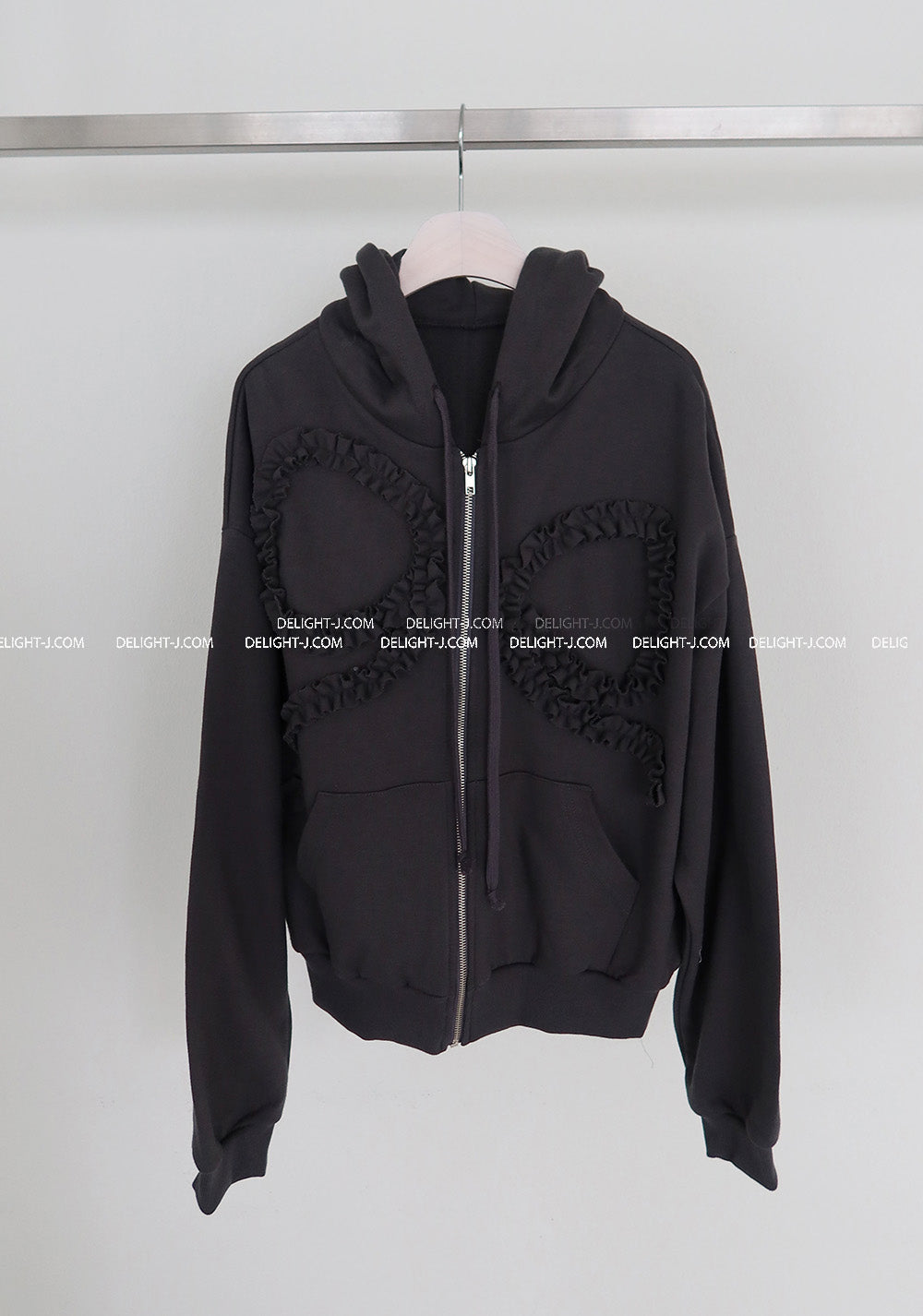 DELIGHT J - Ribbon Frill Hooded Zip-Up Jacket (FW Oversized Boxy Fit)