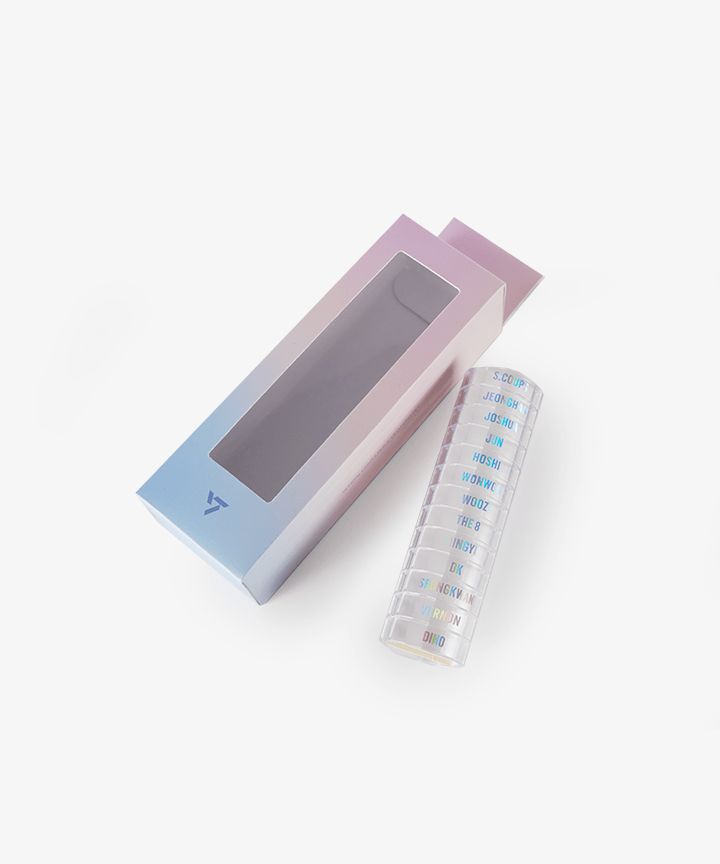 SEVENTEEN Light Stick Deco Ring Set with colorful rings and gradient packaging.