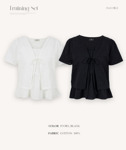 RIRINCO - Fruining Cotton Lace Short Sleeve Cardigan Camisole Two-Piece Set
