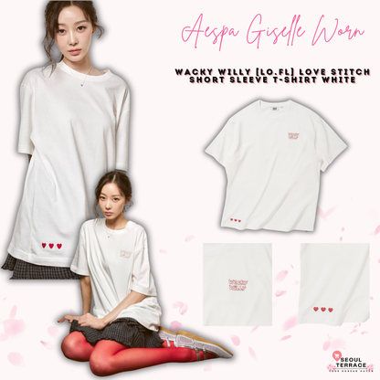 [Aespa Giselle Worn] Wacky Willy [LO.FL] Love Stitch Short Sleeve T-shirt White