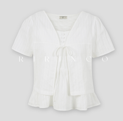 RIRINCO - Fruining Cotton Lace Short Sleeve Cardigan Camisole Two-Piece Set