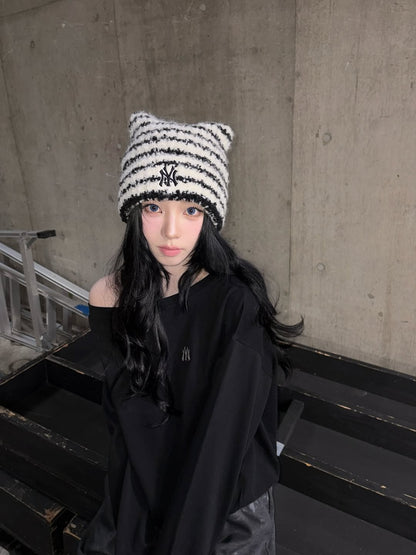 [Aespa Karina & TWS Pick] MLB Striped Meow Beanie New York Yankees