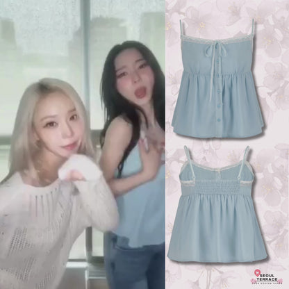 [Aespa Karina Worn] ROUGHNECK Bell Chiffon Lace Top Blue