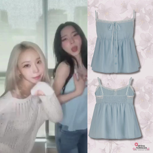 [Aespa Karina Worn] ROUGHNECK Bell Chiffon Lace Top Blue