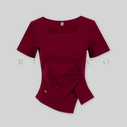 RIRINCO - Marend Square Neck Pintuck Drape Asymmetrical T-Shirt