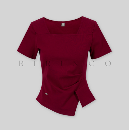RIRINCO - Marend Square Neck Pintuck Drape Asymmetrical T-Shirt