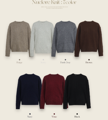 RIRINCO - Nuelore Wool Round Neck Cable Knit Sweater
