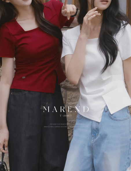 RIRINCO - Marend Square Neck Pintuck Drape Asymmetrical T-Shirt