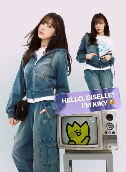 [Aespa Giselle's Wear] WACKY WILLY Women's Denim Washed Crop Hooded Zip-Up / Cargo Pants