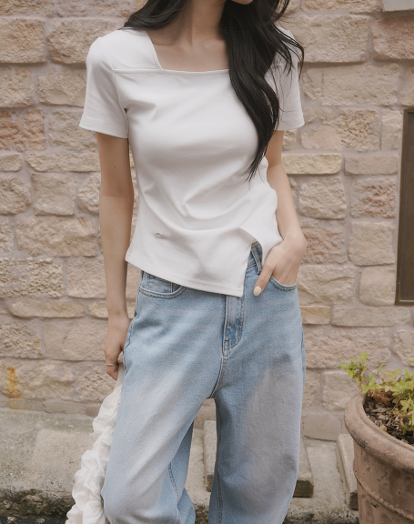 RIRINCO - Marend Square Neck Pintuck Drape Asymmetrical T-Shirt